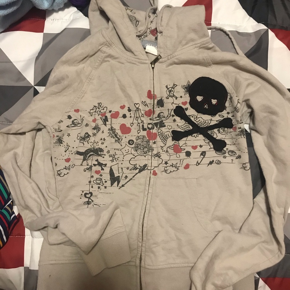 dELiA*s Beige Skeleton Hoodie Sweater Zip Up